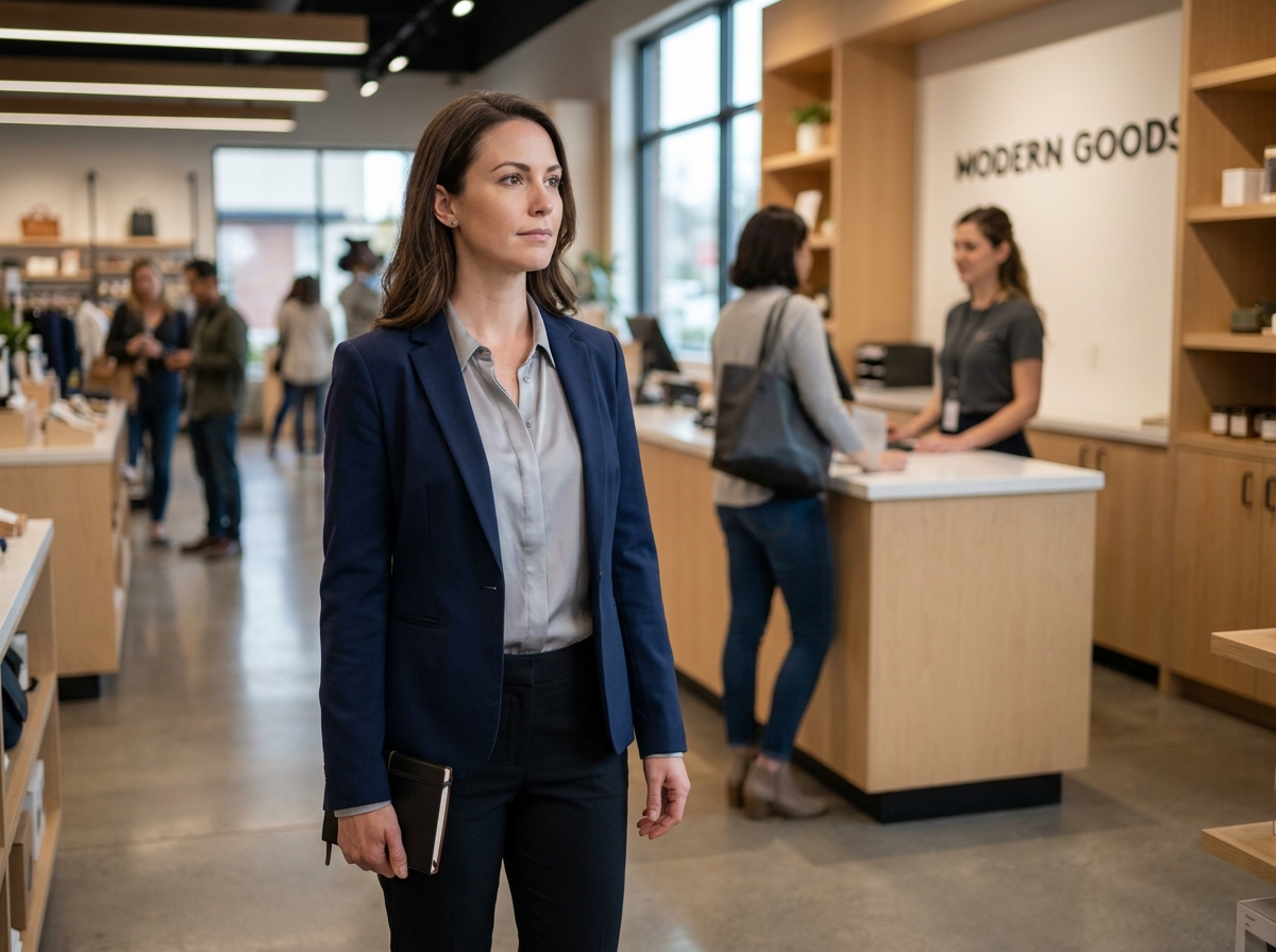 Une cliente mystère en blazer marine observe discrètement une interaction de service dans un point de vente moderne