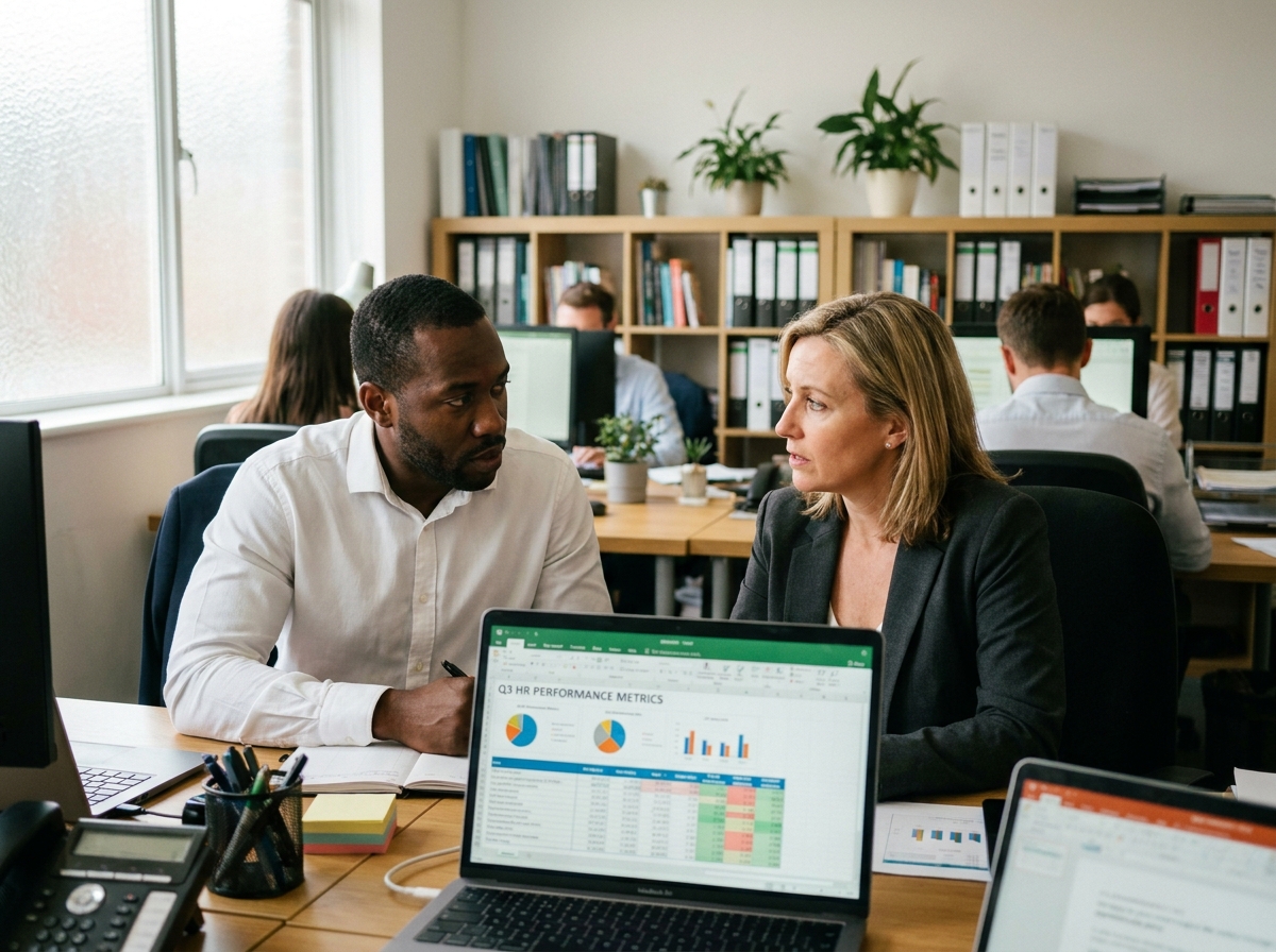 Deux professionnels RH collaborant sur des tableaux de bord d'audit et des indicateurs de performance en entreprise