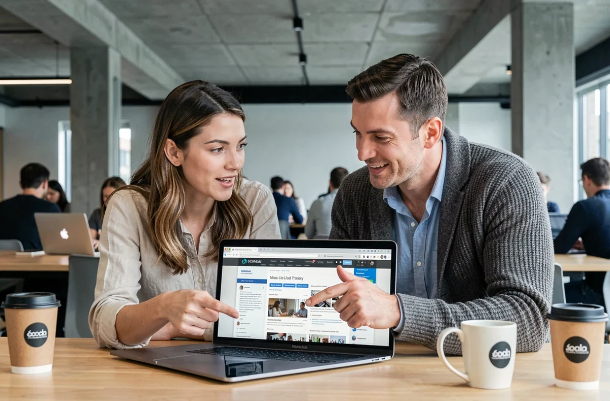 Deux collègues comparant des blogs business professionnels sur un ordinateur dans un espace de coworking