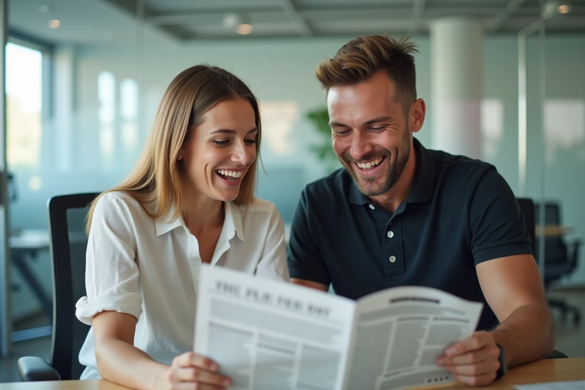 Deux jeunes entrepreneurs discutant des avantages d'un abonnement professionnel autour d'une newsletter et d'un laptop dans un espace de coworking