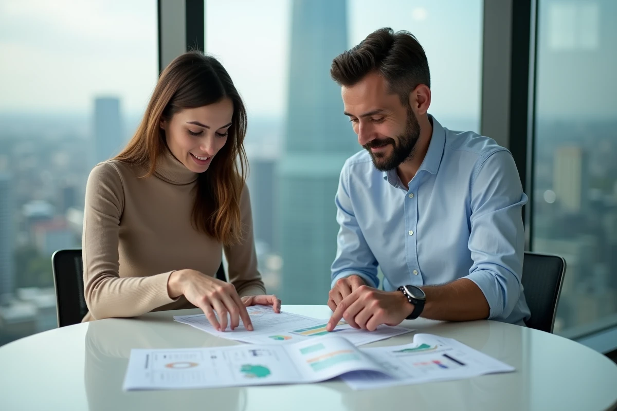 Deux collègues discutant d'un guide de prix business formanovadigital pour améliorer la rentabilité de leur projet commun