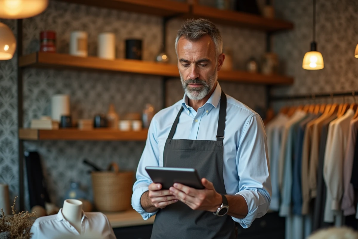 Propriétaire de boutique vérifiant ses ventes sur une tablette