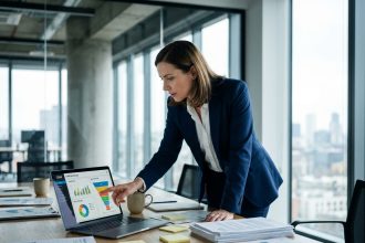 Commerciale analysant les données de prospects qualifiés sur un tableau de bord CRM dans un bureau moderne