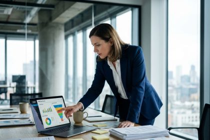 Commerciale analysant les données de prospects qualifiés sur un tableau de bord CRM dans un bureau moderne
