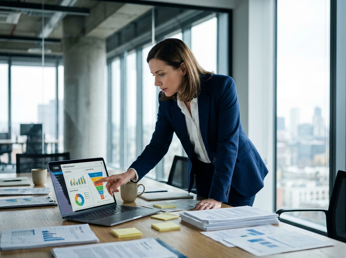 Commerciale analysant les données de prospects qualifiés sur un tableau de bord CRM dans un bureau moderne