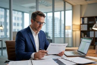 Commissaire aux comptes examinant des documents financiers d'une PME dans un bureau moderne