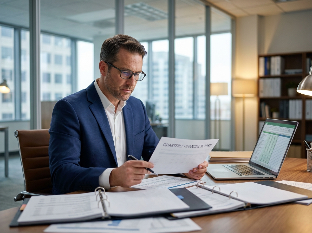 Commissaire aux comptes examinant des documents financiers d'une PME dans un bureau moderne