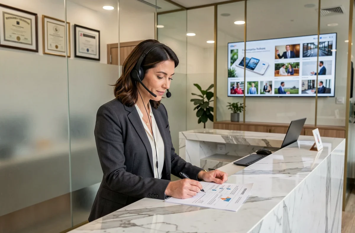 Consultante de l'agence Communicare gérant une stratégie de communication globale depuis le lobby de l'agence