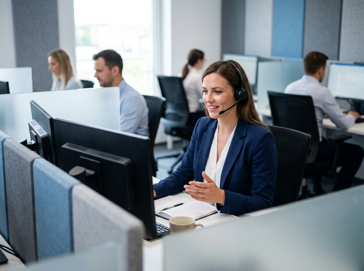 Femme professionnelle portant un casque audio dans un bureau moderne avec panneaux acoustiques, illustrant la communication sonore en entreprise