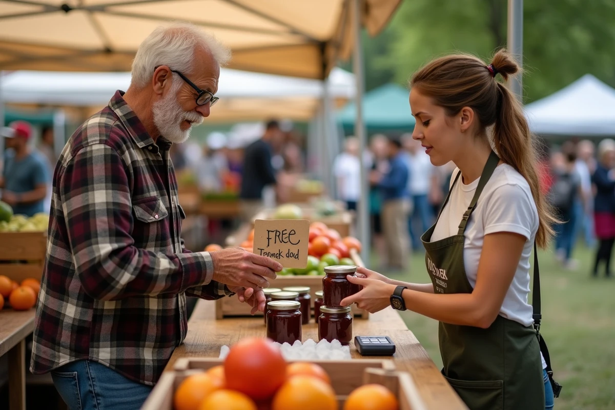 Comparaison entre un bénévole distribuant gratuitement des produits et une vendeuse rémunérée sur un marché extérieur