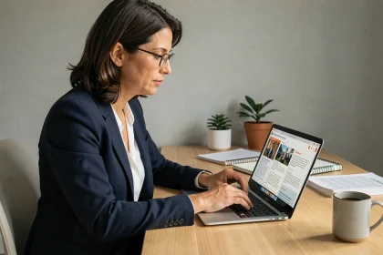 Femme professionnelle comparant des blogs business sur son ordinateur portable dans un bureau moderne