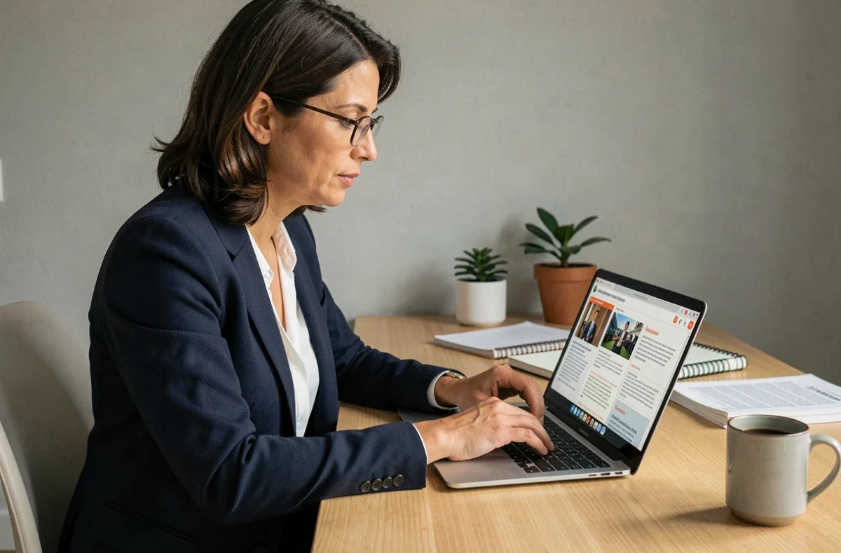 Femme professionnelle comparant des blogs business sur son ordinateur portable dans un bureau moderne