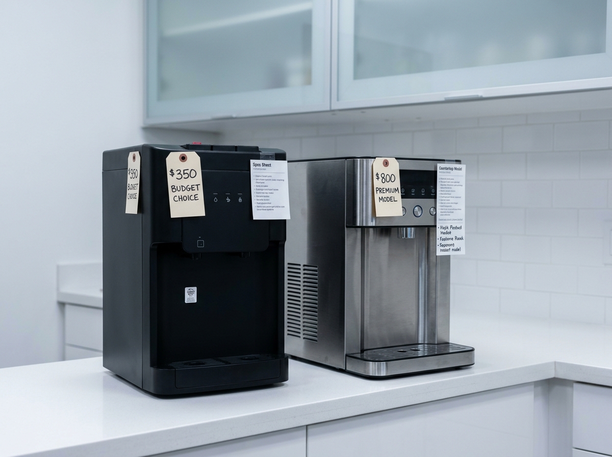 Comparaison de deux fontaines à eau de bureau pour entreprise avec étiquettes de prix sur un comptoir