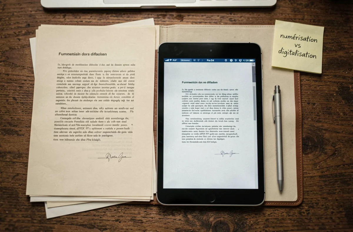 Vue aérienne d'un bureau avec des documents papier, une tablette affichant un PDF numérique et une note manuscrite sur la numérisation et la digitalisation