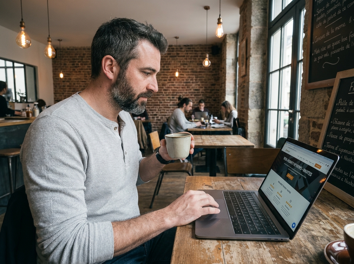 Un entrepreneur nantais compare des prestataires web depuis un espace de coworking