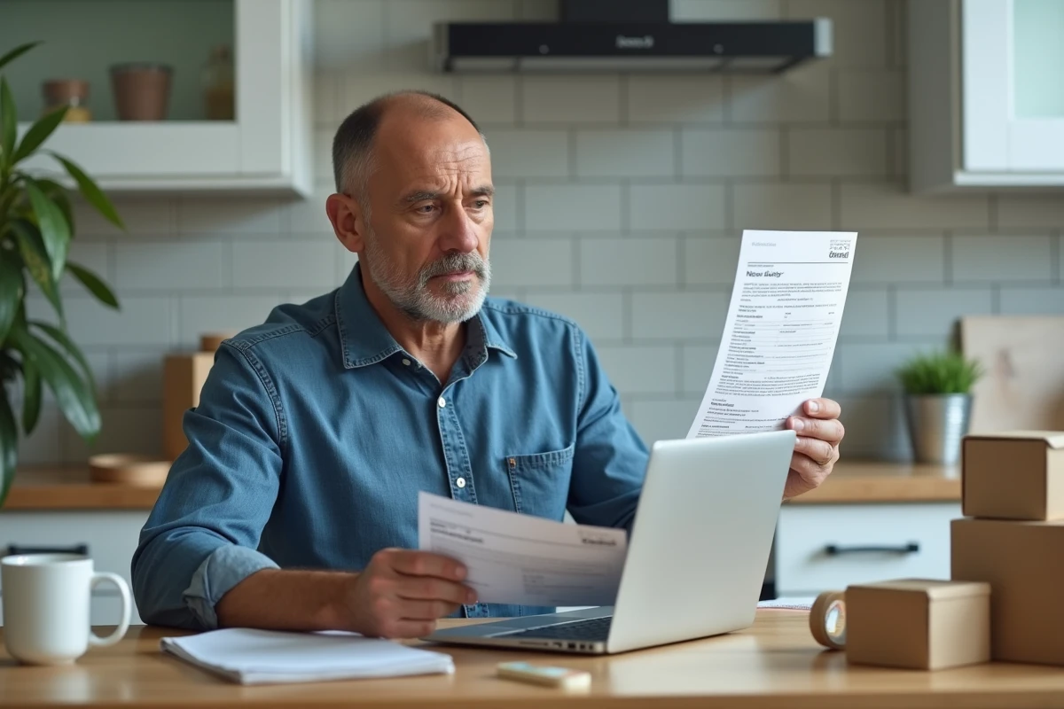 Homme comparant deux offres d'emploi d'emballage à domicile sur une table de cuisine avec un ordinateur portable ouvert