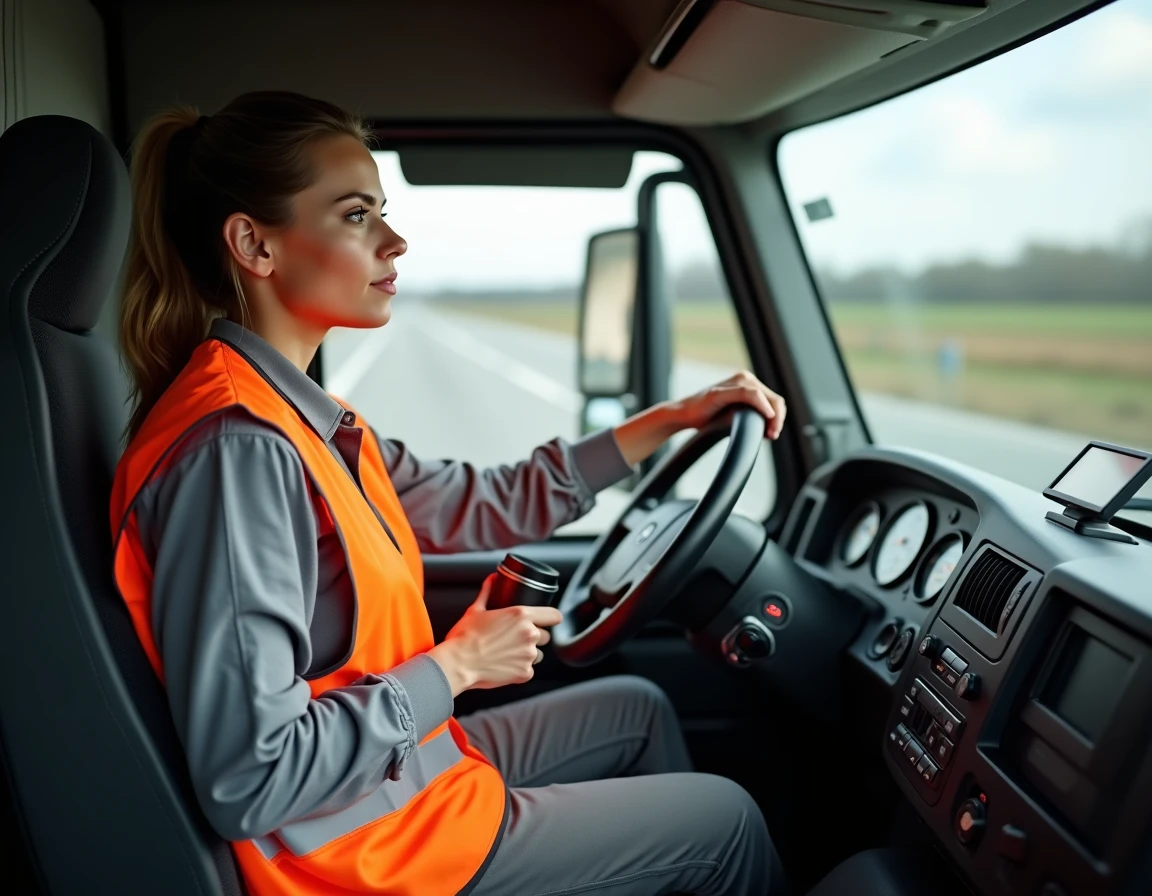 Conductrice routière professionnelle au volant d'un camion sur autoroute, représentant les conditions de travail et la rémunération horaire des chauffeurs routiers en France en 2026