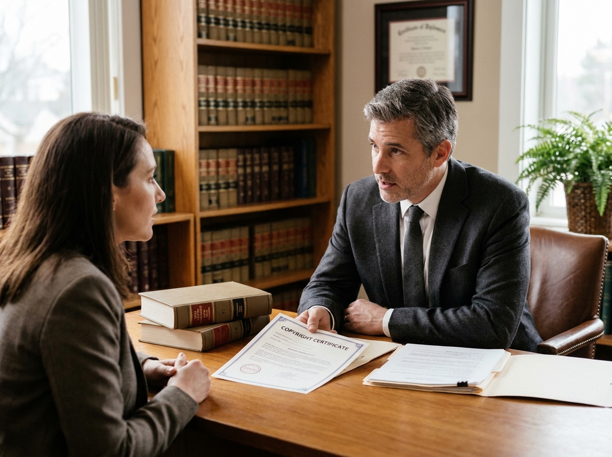 Avocat conseillant un chef d'entreprise sur la protection des créations et droits d'auteur dans un cabinet juridique