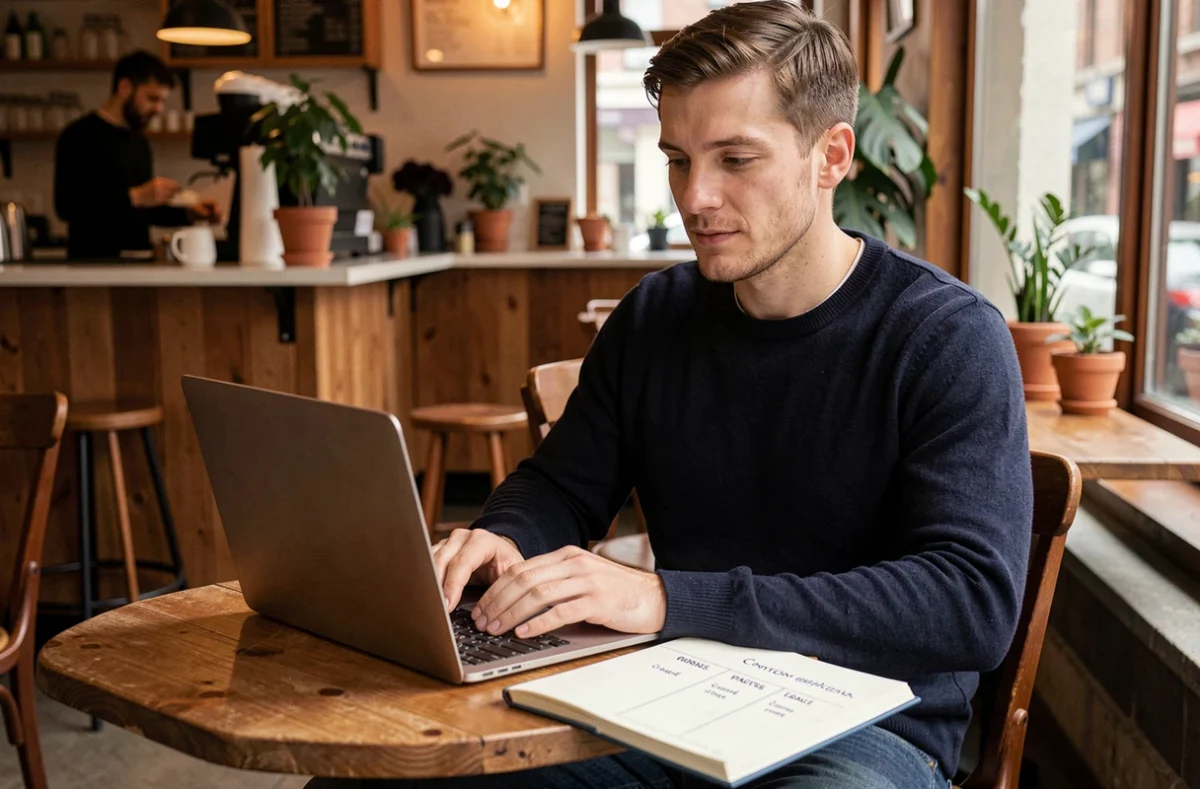 Jeune consultant indépendant travaillant sur un ordinateur portable dans un café avec un carnet de notes décrivant le schéma du portage salarial