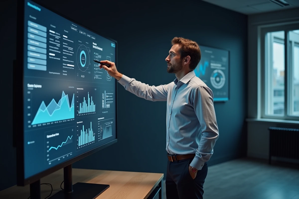 Consultant professionnel analysant des tableaux de bord de performance d'entreprise sur grand écran dans un bureau moderne