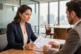 Consultante en portage salarial examinant un contrat avec une cliente dans un bureau moderne