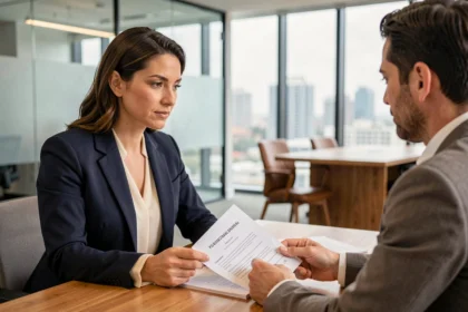 Consultante en portage salarial examinant un contrat avec une cliente dans un bureau moderne