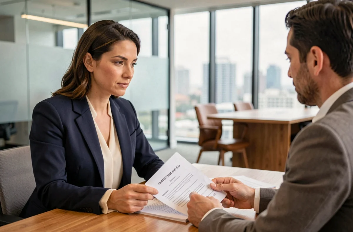 Consultante en portage salarial examinant un contrat avec une cliente dans un bureau moderne