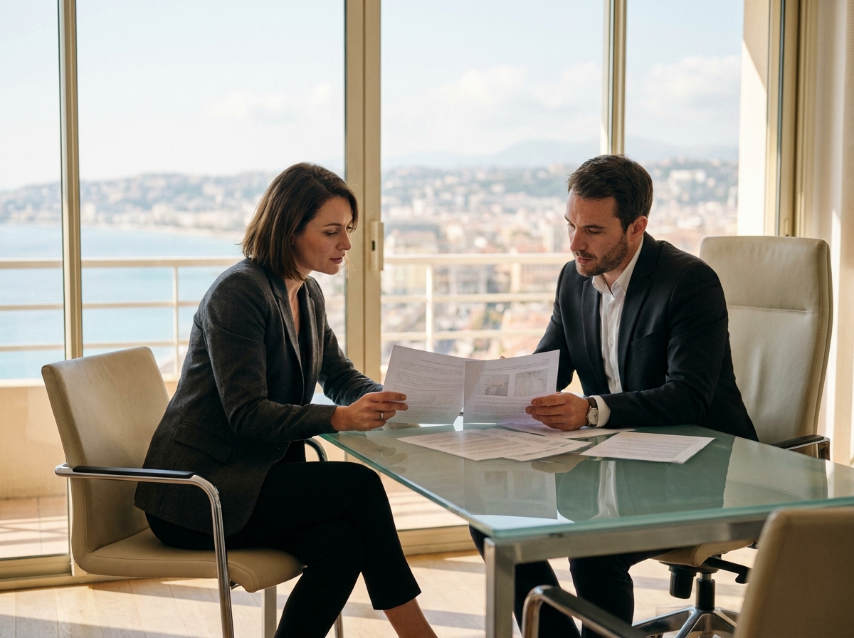 Consultante en sécurité présentant un audit à un client dans un bureau à Nice