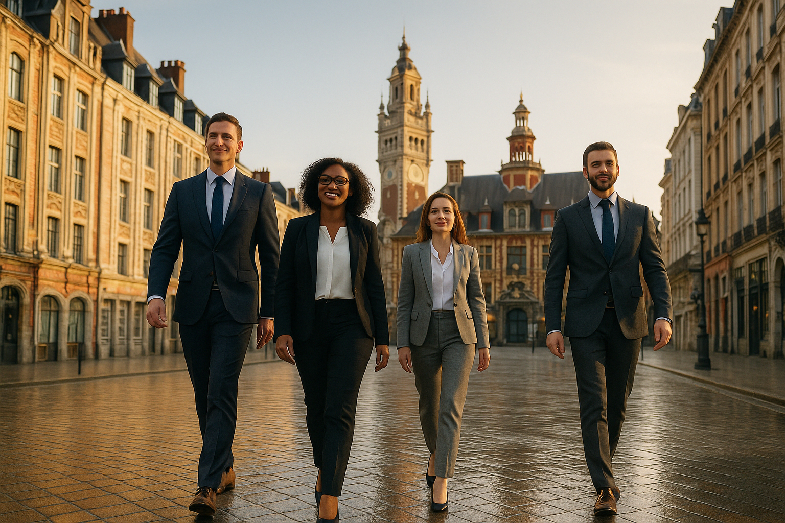 Équipe de consultants marchant dans les rues de Lille au matin