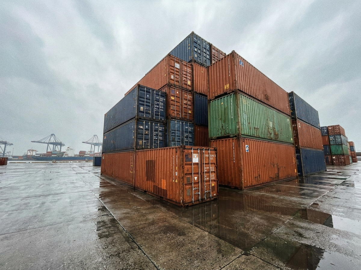 Rangée de containers maritimes empilés de 6 à 40 pieds dans un port commercial, vue grand angle au sol
