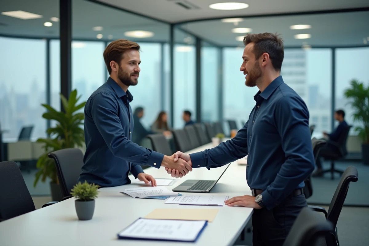Professionnel signant un contrat de travail rémunéré avec un client dans un bureau moderne