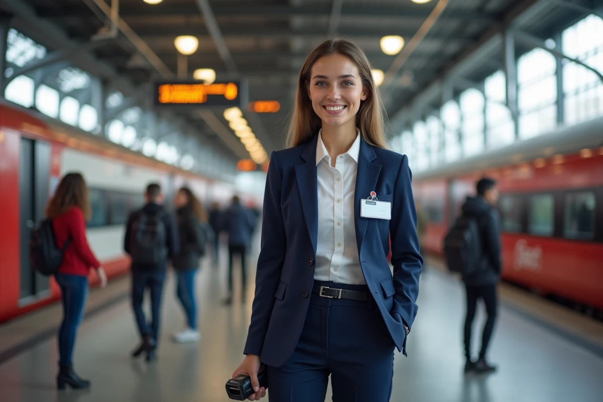 Jeune controleuse SNCF sur une plateforme animée