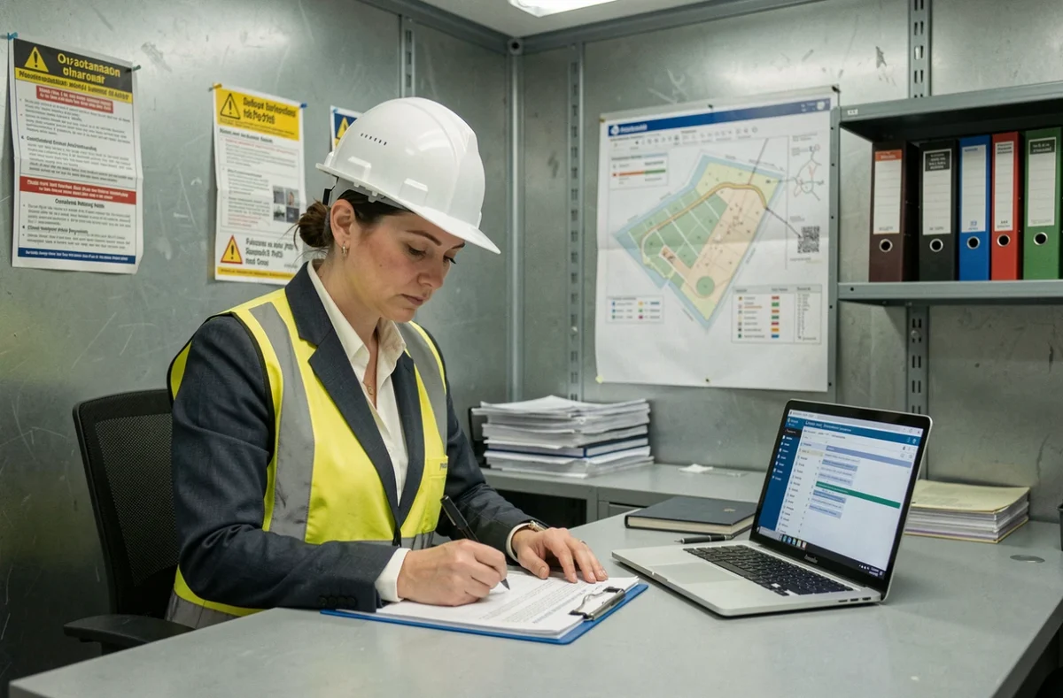 Coordinatrice SPS débutante rédigeant un PGC dans un bureau de chantier préfabriqué