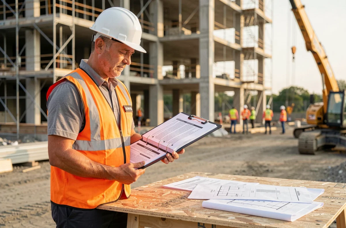 Coordonnateur SPS en chantier consultant un PGC sur un chantier de construction en extérieur