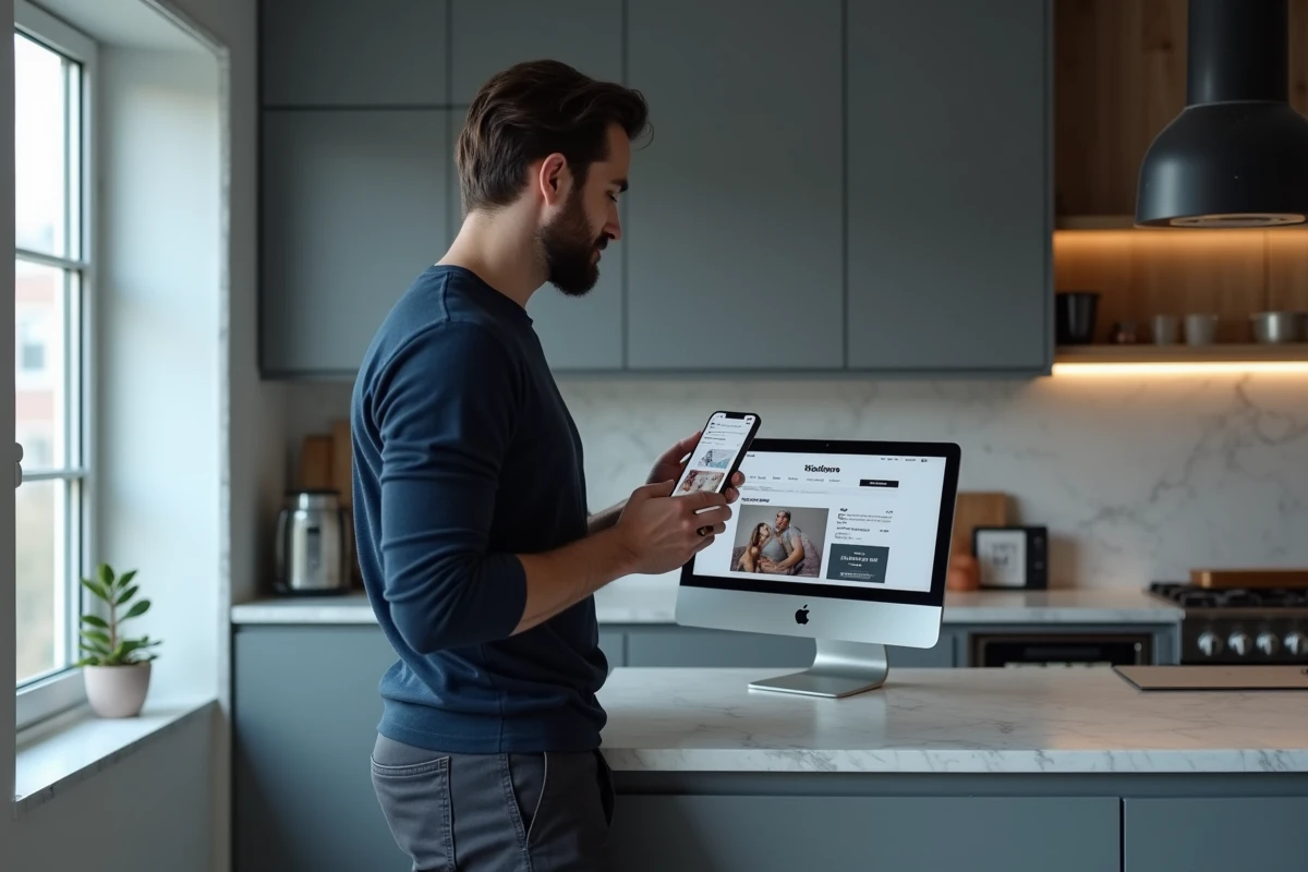 Créateur de contenu masculin consultant ses statistiques Instagram et sa boutique Stan.store depuis sa cuisine moderne dans un appartement urbain