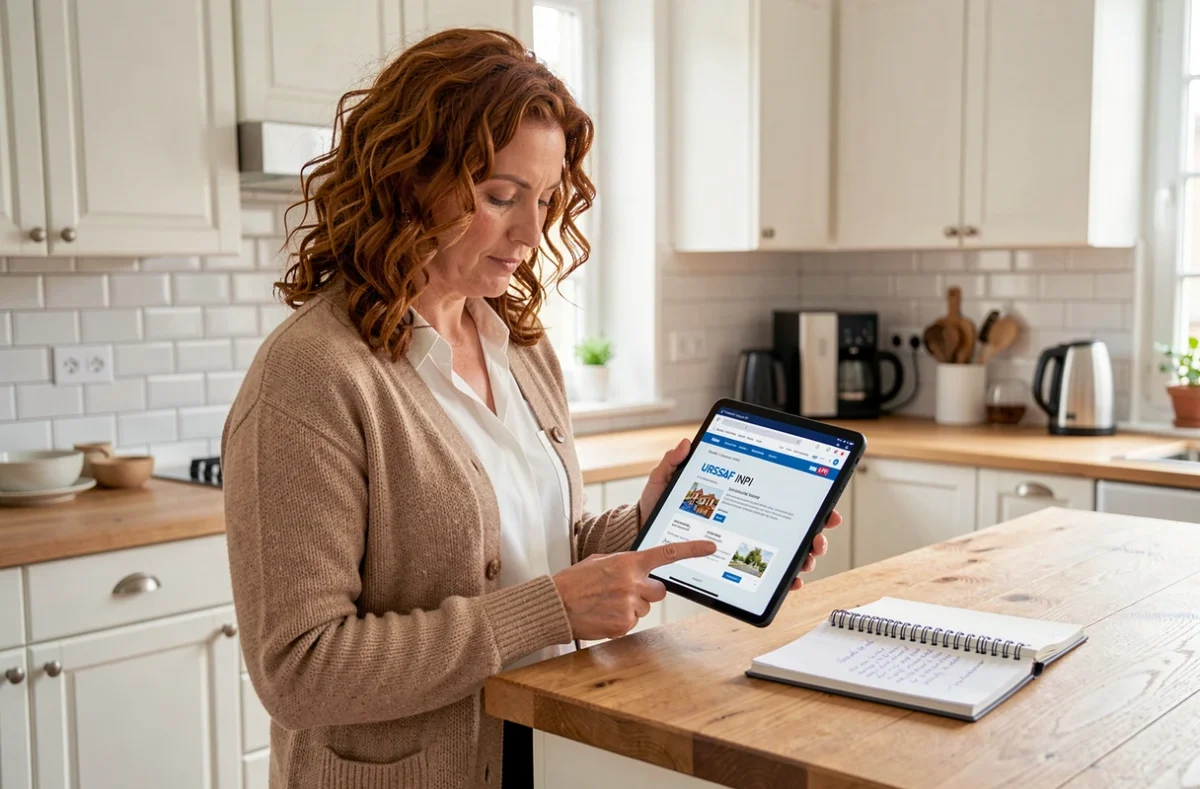 Femme salariée consultant les démarches de création de micro-entreprise sur une tablette depuis sa cuisine