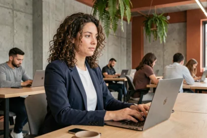 Créatrice d'entreprise travaillant dans un espace de coworking moderne à Bègles, assise à un bureau partagé en bois avec un ordinateur portable