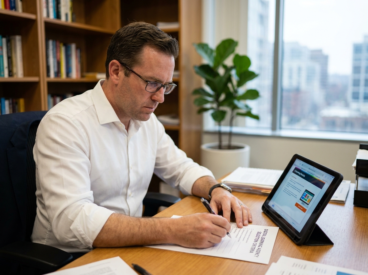Directeur de formation annotant une checklist de critères pour choisir une agence de Digital Learning dans son bureau