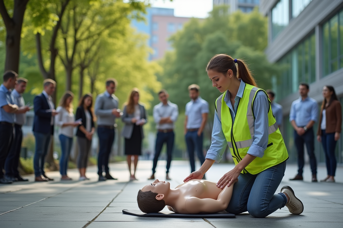 Jeune femme en vestiaire de sécurité pratiquant premiers secours en extérieur