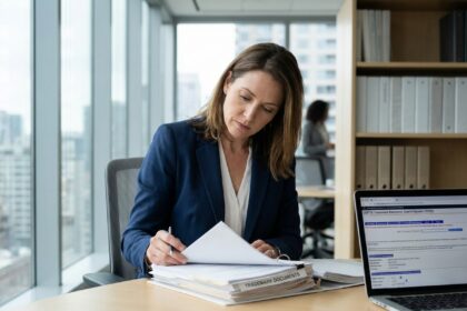 Femme d'affaires examinant des documents de dépôt de marque dans un bureau professionnel moderne