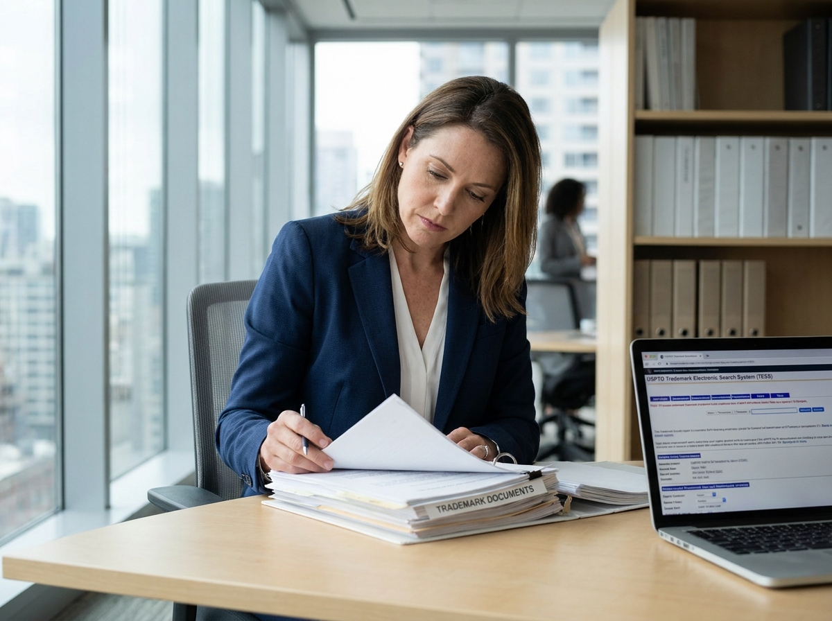 Femme d'affaires examinant des documents de dépôt de marque dans un bureau professionnel moderne