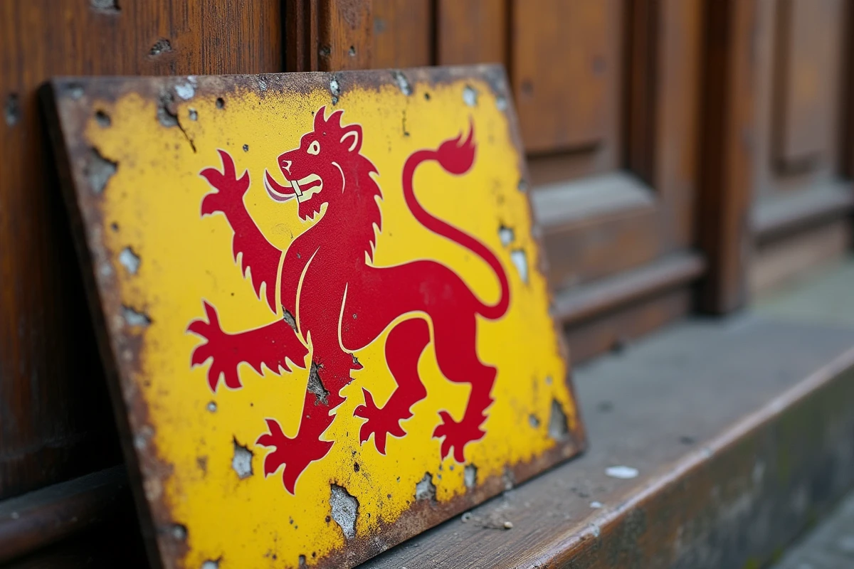 Gros plan sur une affiche ancienne Intermarché avec le lion rouge héraldique et les couleurs d'origine jaune et rouge
