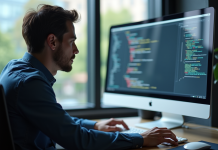 Développeur concentré tapant du code C sur un ordinateur lumineux