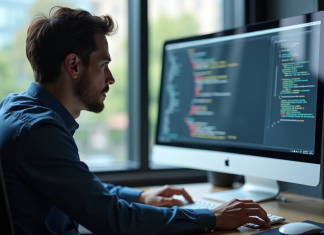 Développeur concentré tapant du code C sur un ordinateur lumineux