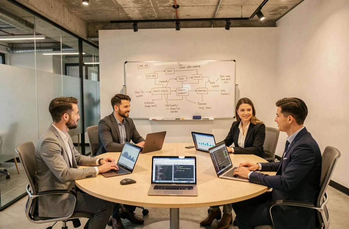 Équipe pluridisciplinaire de l'agence Digidream réunissant quatre métiers complémentaires autour d'un projet web collaboratif