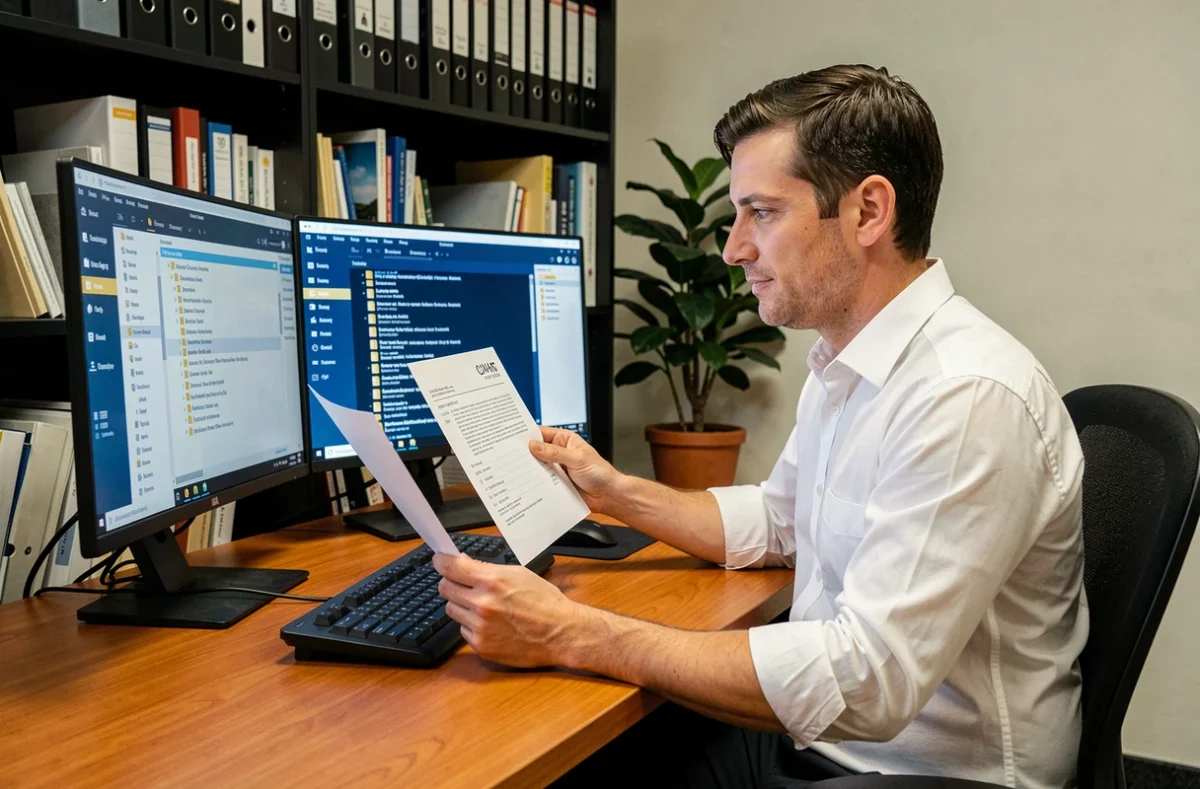 Homme consultant un document papier et un logiciel de gestion documentaire numérique sur un poste de travail informatique