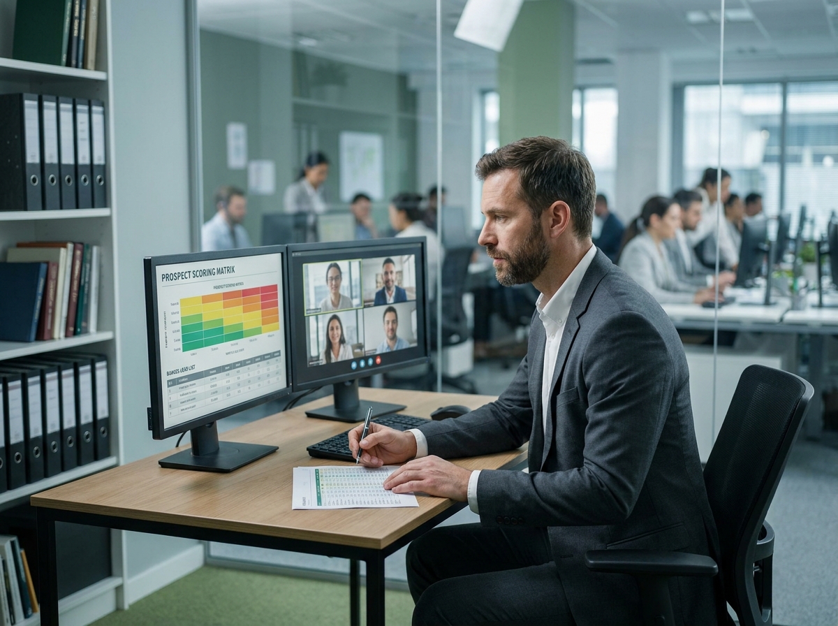 Directeur commercial analysant un tableau de scoring de prospects sur double écran dans son bureau vitré
