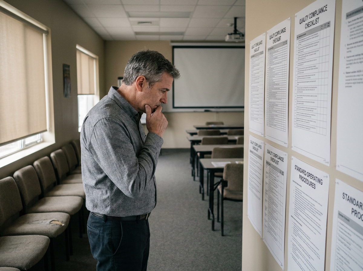 Directeur pédagogique seul face aux critères de la certification Qualiopi affichés en salle de formation