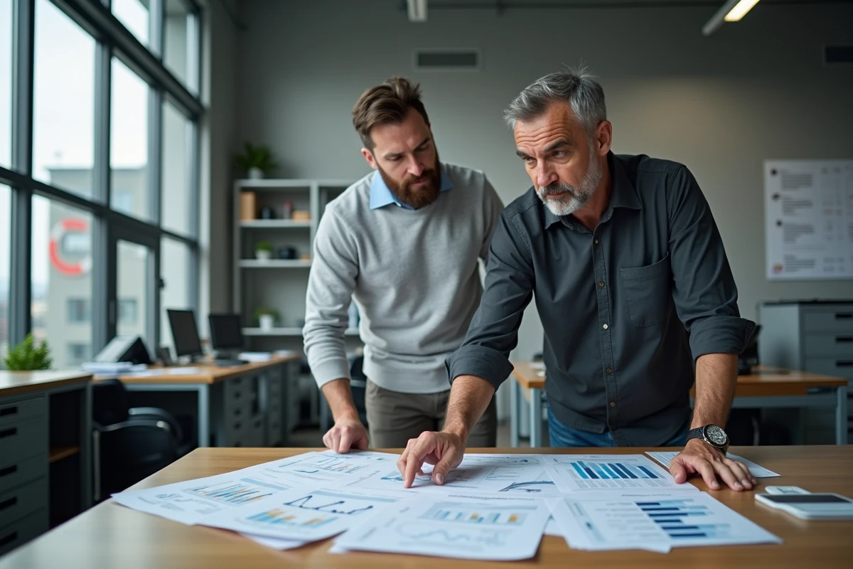 Directeur industriel et collaborateur examinant des rapports de performance KPI imprimés dans le bureau de gestion d'une PME industrielle