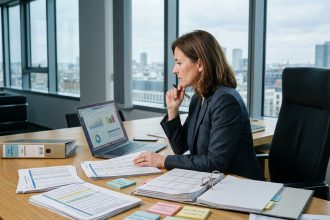 Directrice financière analysant un budget d'entreprise face à des documents fiscaux internationaux dans un bureau moderne